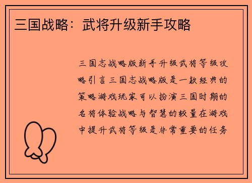 三国战略：武将升级新手攻略