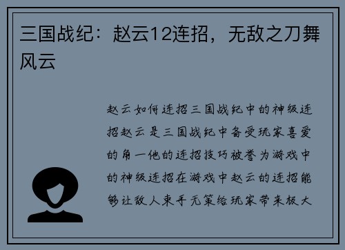 三国战纪：赵云12连招，无敌之刀舞风云